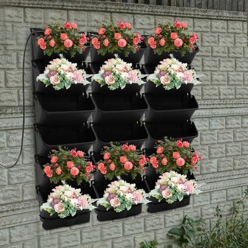 18 Pots Vertical Garden Wall Planter, Self-Watering Vertical Plant Wall Mounted Flower Pots with Timer & Drain Hose, Plant Vegetable Hanging Pocket Holder (Black) - Image 6