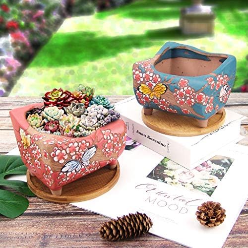 5.5 inch Hand Painted Succulent Cactus Plant Pot Clay Flower Planter Pot with Drainage Hole and Bamboo Trays Pack of 2 (Butterfly in Flowers Green and Red) - Image 3