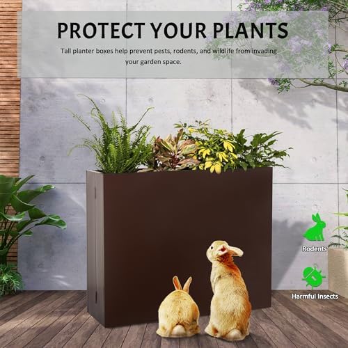 Metal Planter Box, No Installation Galvanized Steel Folding Rectangular Planter with Drainage Holes, 35.5"x 10"x 28" Brown Outdoor Planter for Porch/Patio/Garden - Image 4