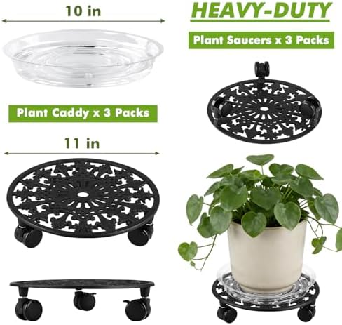 3 Pack Plant Caddy with Wheels, PlanterHoma 11 Inch Metal Plant Stand with Wheel Heavy Duty Wrought Iron Planter Dolly Rolling Stand Plant Roller with Caster for Indoor and Outdoor with 3 Pack Saucers - Image 3