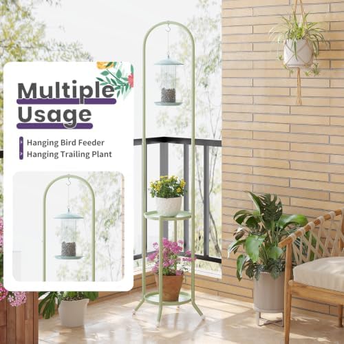 2-Tier Metal Plant Stand with Hanging Hook, Indoor Outdoor Plant Shelf (Green) - Image 6