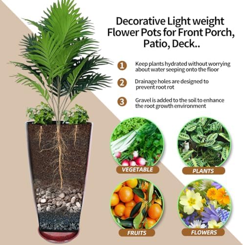 2 Pcs Pack 21 Inches Plastic Resin Tall Tapered Planter Pots Large Round Planter Flower Pot with Drainage Holes for Indoor Outdoor Deck Porch Yard Office Garden Home Patio Front Door (Red, L) - Image 4