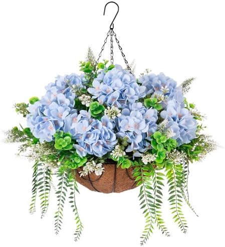 Ammyoo Artificial Blue Hydrangea Flowers with Hanging Basket for Home Decor by Ammyoo