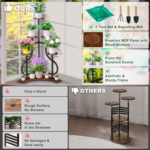 6-Tier Corner Plant Stand, Indoor Plant Stand with L-shaped Base, Aesthetic Metal Plants Shelf for Multiple Plants Flower Pot, MDF Outdoor Plant Holder for Patio Balcony (Rustic Brown) - Image 5