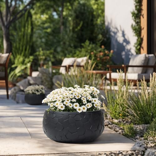 LuxenHome 17.5" Dia Round Concrete Planter, Modern Black Geometric by LuxenHome