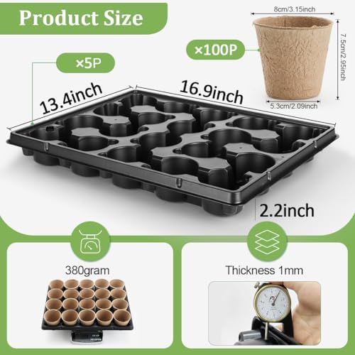 RooTrimmer 3.15 Inch Peat Pots 100 Pcs with 20 Cell Seedling Trays 5 Pcs, Biodegradable Seed Starter Pots with Drainage, Reusable Nursery Tray for Seed Starting Indoor Gardening Propagation Kit 5 Sets - Image 4
