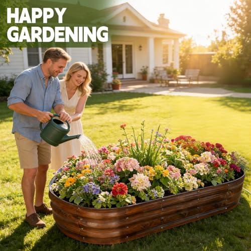 Galvanized Raised Garden Bed Outdoor, Large Raised Bed for Gardening, 6x3x1ft Oval Metal Planter Box for Vegetables, Fruits, Flowers, Dark Brown Wood Grain - Image 4