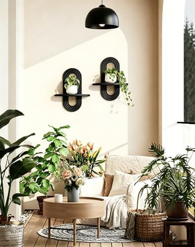 Floating Shelves for Wall, Boho Home Wall Decor,Rattan Plant Shelf Set of 2, Mid Century Small Decorative Shelf, Natural Wood Shelves for Living Room,Bedroom,House,Office (Black) - Image 2