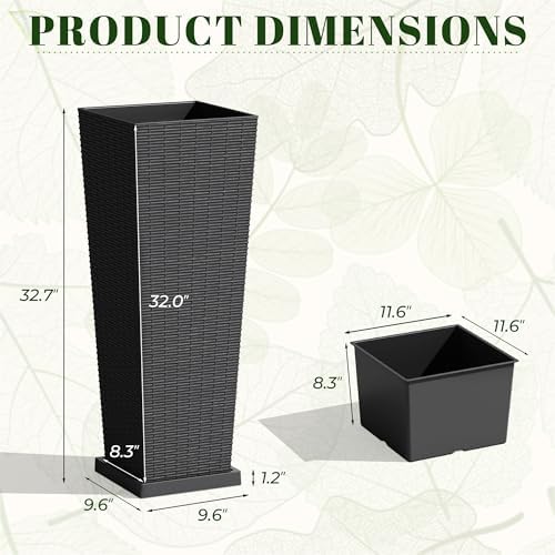 JUMMICO 32" Front Porch Resin Rattan Tall Planters 2 Pack, Inner&Outer Tray - Image 2