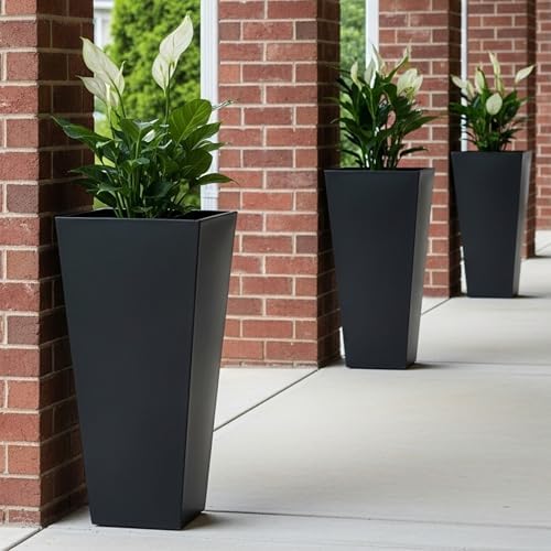 Worth Garden Large 28 in.Tall Planters Set of 2 for Indoor and Outdoor, Heavy Duty Plastic Black Modern Taper Flower Plant Pots with Drainage Hole and Dual-Purpose Tray for Front Porch, Patio - Image 5