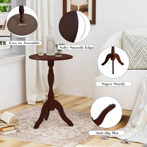 HLR Round Small End Table Set of 2, Wooden Pedestal Side Tables, Dark Brown - Image 5