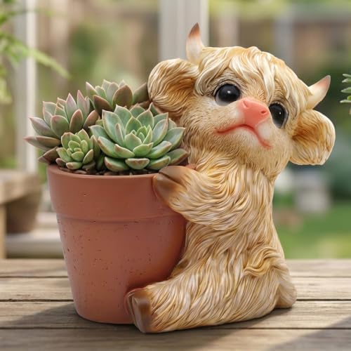 Highland Cow Planter, Whimsical Farmhouse Decorative Flower Pot by ZHAOXIANG