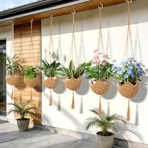 VZZNN 6 Pack Hand-Woven Macrame Plant Hanger - Hanging Plant Holder with 12 Hooks for Indoor Green Plant Hanging and Bohemian Style Home Decor (Brown) - Image 7