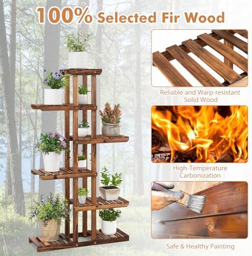 COSTWAY 6-Tier Multifunctional Wood Flower Stand, Shelf Holder for Multiple Plants, Freestanding Plant Rack for Garden, Patio, Balcony, Living Room, Indoor, Outdoor (29.5''x10''x55.5'') - Image 3