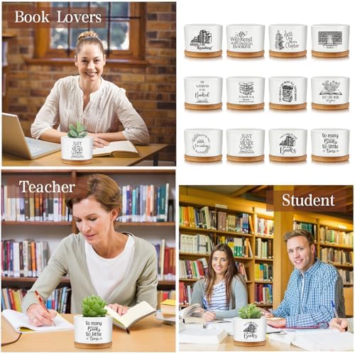 Havawish 12 Pcs Book Lovers Gifts Ceramic Succulent Pots Bamboo Tray,Cute - Image 6