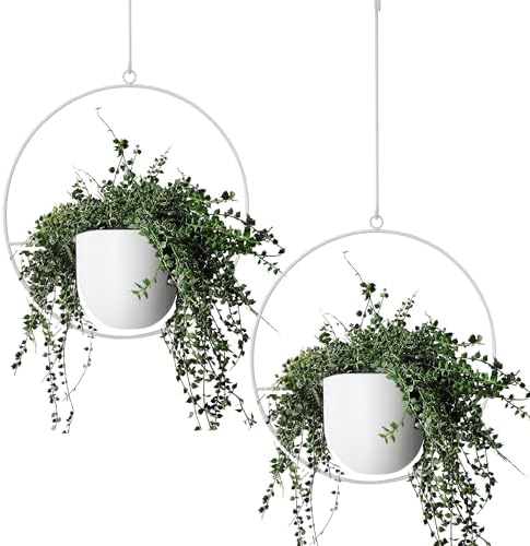2 Pack Hanging Planters for Indoor Outdoor Plants Modern Metal Plant Hangers, Wall and Ceiling Hanging Plants Baskets Mid Century Minimalist Flower Pots Home Decor (White) by ABETREE