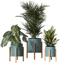 EverNest Mid-Century Modern Rhys Honeycomb Embossed Planter Pot with Kinsley Wood Stand, Metal Indoor Plant Pots, Blue Green Bohemian Style (Set of 3) by EverNest