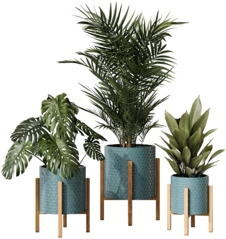 EverNest Mid-Century Modern Rhys Honeycomb Embossed Planter Pot with Kinsley Wood Stand, Metal Indoor Plant Pots, Blue Green Bohemian Style (Set of 3) by EverNest