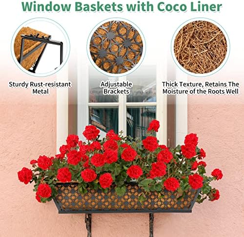 Potchen 4 Pieces Railing Planter Boxes, 24 Inches Window Box Planters with Coco Liner and Adjustable Brackets for Deck Porch Fence Patio Balcony Gardening Outdoor Plants - Image 4