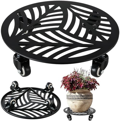 1 Pack Large Metal Plant Caddy with Wheels 13.5 Inches Heavy-Duty Iron Rolling Plant Stand with Casters Indoor Outdoor Plant Roller Base Planter Movers Garden Dolly Coaster Trolley Black by Planterhoma