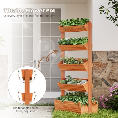 Wooden Raised Garden Bed Vertical Planter Box, Freestanding Plant Stand for Indoor Outdoor Plants, Herbs, Flowers, Vegetables, Gardening (Reddish Brown, 5-Tier，29.9 x 17.9 x 68in) - Image 6