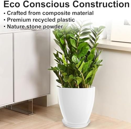 GameXcel Flower Pot Indoor - Outdoor Plant Pot - White Glossy Planter - Elegant Ceramics Imitation - 12" Diameter 12" Tall with Drainage Holes and Saucer 2 Pack - Image 2