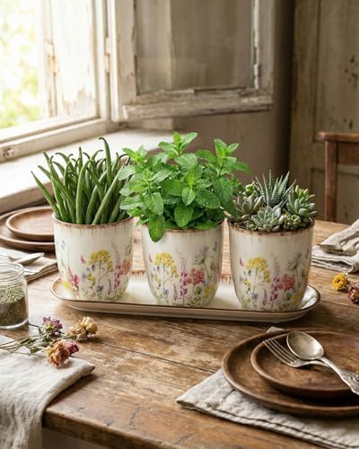 vensovo Ceramic Planter Set with Tray, 3 Small Herb Pots, Meadow Floral - Image 7