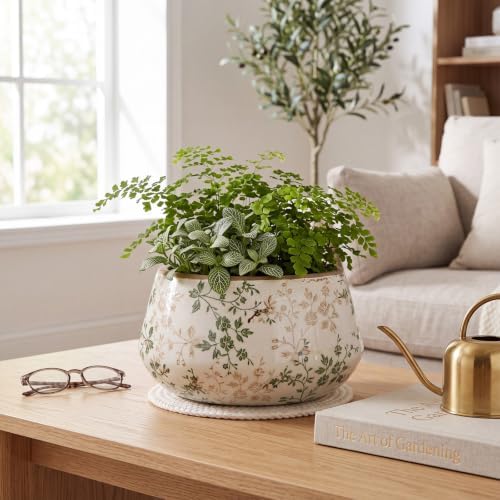 9.8 Inch Large Vintage Ceramic Planter Ice Crack Glaze Pink Wildflowers Plants Pot with Drainage Hole Rustic Antique Flower Pot Decorative Gifts for Home Kitchen Office Indoor Outdoor Plants - Image 4