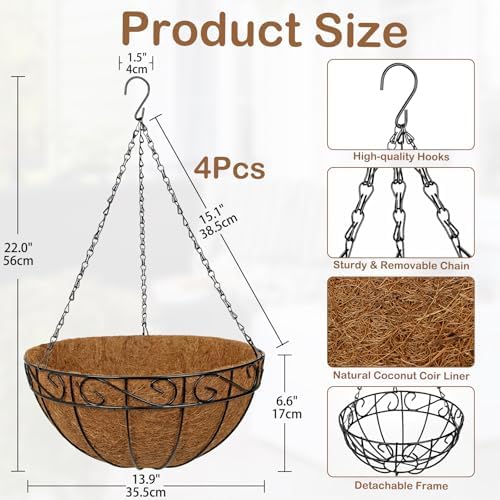 4 Pack 14 inch Metal Hanging Baskets for Plants, Round Metal Wire Hanging Basket Planter with Coco Fiber Liners Chain for Garden Home Porch Patio, Flower Border - Image 3