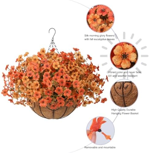 HyeFlora Artificial Flowers with Hanging Basket Planter for Home Decoration, Daisy with Eucalyptus Leaves Outdoor Indoor Garden Yard, Metal Coconut Lining Basket with Faux Plant (Fall-OrangeYellow) - Image 2