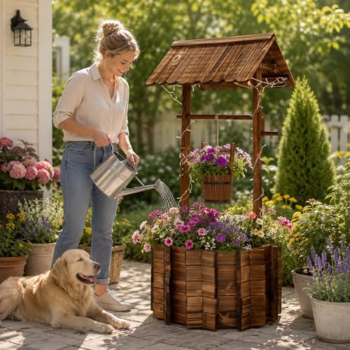 54" Outdoor Garden Wishing Well Planter with LED Lights - Image 2