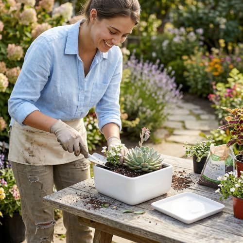 MyGift White Ceramic Square Planter Pot with Drainage Hole & Drip Tray - Image 3