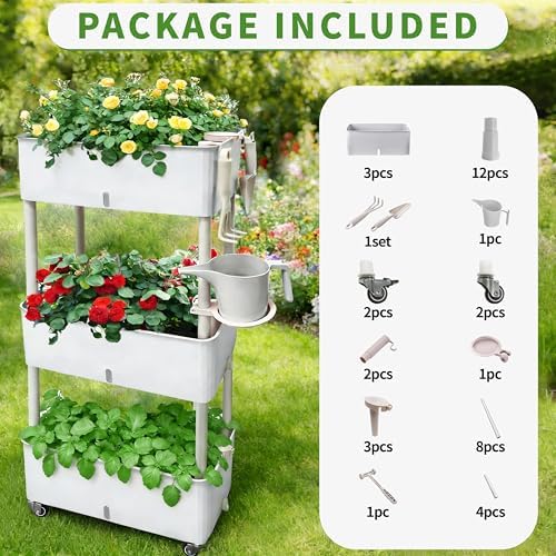 Self-Watering Raised Planter Box with Lockable Wheels,3-Tier Elevated Garden Bed with Visible Water Level Window,Indoor Outdoor Plastic Plant Box for Flowers,Vegetables & Herbs - Image 4