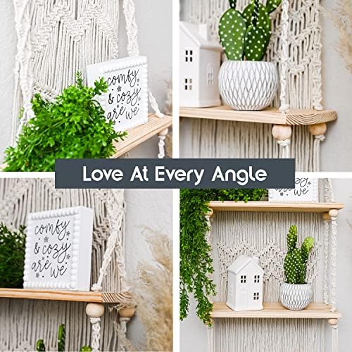 SnugLife 2 Tier Macrame Wall Hanging Shelf with Woven Rope - Boho Pine Wood Shelves for Plants, Bathroom, Kitchen - Image 5