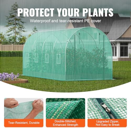 VEVOR Walk-in Tunnel Greenhouse, 14.6x6.4x6.3 ft Hoop House Greenhouse Tunnel, Plant Hot House with Galvanized Steel Frame, Green PE Cover, Roll-up Zipper Door and 8 Windows for Outdoor - Image 3
