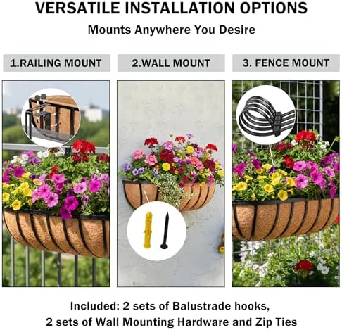 16“ Window Box Railing Planter with Coco Liner Metal Wall-Mounted Coconut Liner Basket English Horse Trough Planter for Outdoor Deck Balcony Porch Fence Patio Black (4 Pack) - Image 3
