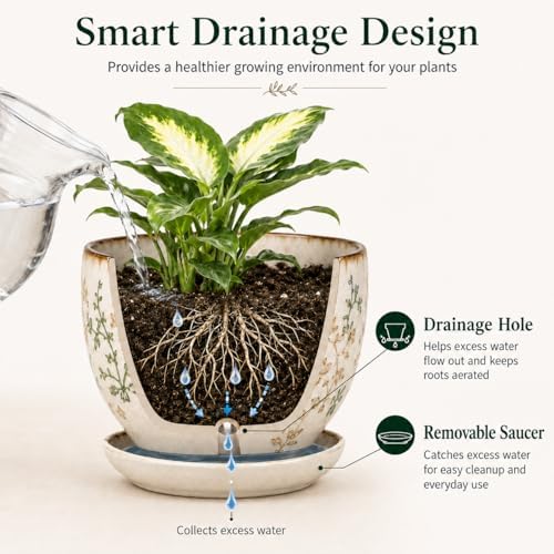 Ceramic Plant Pots, Vintage Succulent Pots, Plant Pots Indoor Set of 4, Planters with Drainage and Attached Saucer, 4.8 Inch Floral Flower Pots for Home Decor, Plant Lover Gifts - Image 4