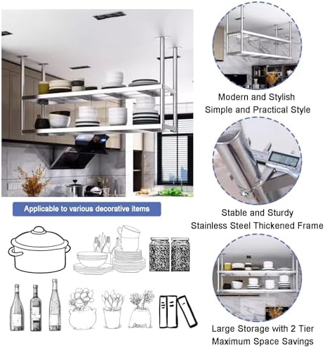 Ceiling Mount Kitchen Shelf Industrial Storage Shelves Hanging Decorative Display Rack, Floating Pot Pan Storage Shelf Metal Stand for Plant Flower, Wine Bottle Holder (Size : 70x35x80cm) - Image 3