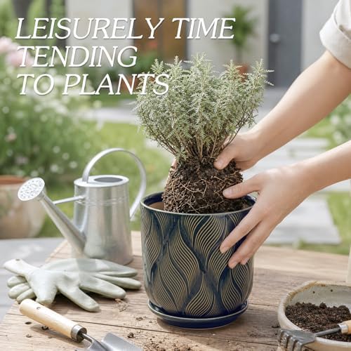 Ceramic Glaze Plant Pot Set 7.2+5.8 Inch Planter with Drainage Hole,Mesh Net,Saucer,for Indoor Outdoor(Leaf-Blue) - Image 5