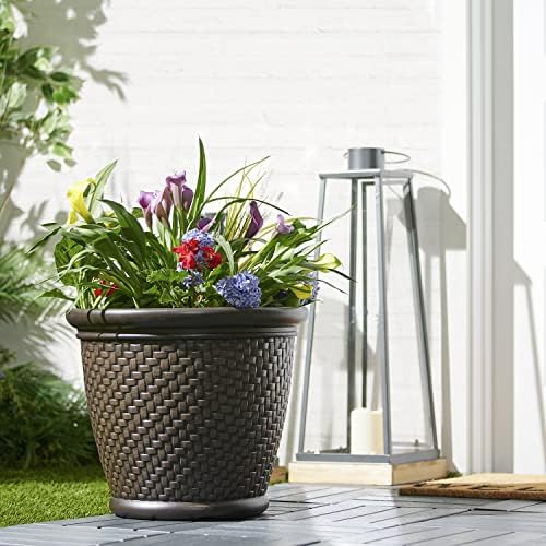 Suncast 18" x 16.5" Resin Planter - Lightweight Contemporary Flower Pot for Plants - Indoor and Outdoor Use, Home, Patio, Garden, - Herringbone Wicker, Dark Brown - Image 5