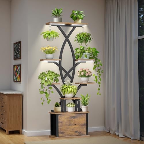 Plant Stand Indoor with Grow Lights - 8 Tiered Plant Shelf with Storage Drawer, 65" Tall Plant Shelf with Grow Light & 2 Hooks, Corner Plant Stand for Indoor Plants, Metal Plant Holder for Home, Patio by InEveryCornerNaturesCalm