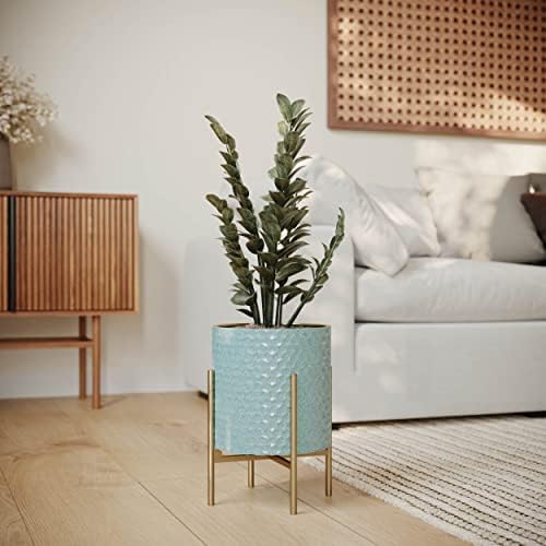 EverNest Mid-Century Modern Rhys Honeycomb Embossed Planter Pot with Loki Gold Stand, Metal Indoor Plant Pots, Blue Green Bohemian Style (Set of 3) - Image 5