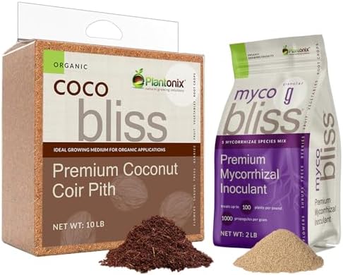 Coco Bliss (10lbs) + Myco Bliss Granular (2lbs) - Organic Coco Coir for Plants & Mycorrhizal Fungi Inoculant - Mycorrhizae for Plants - Coconut Soil Coconut Coir Brick - Gardening & Potting Soil Mix by Plantonix