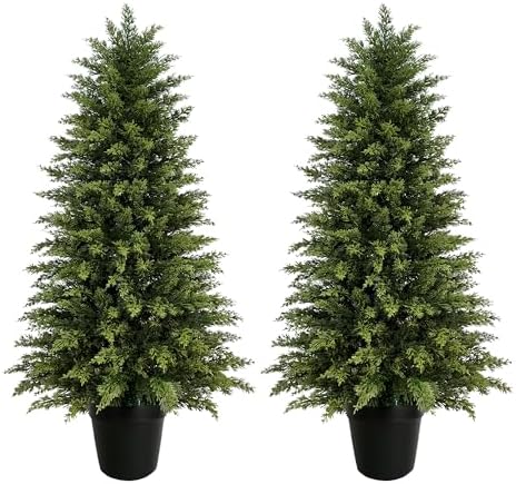 Mavis's Diary 4ft Artificial Cedar Topiary Tree, Set of 2 Realistic Faux Evergreen Shrub Plant in Planter, Indoor Outdoor Fake Cedar Tree for Front Porch, Entryway, Office & Home Decor by MavissDiary