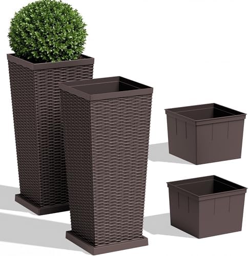 JUMMICO 30" Front Porch Resin Rattan Tall Planters 2 Pack, Inner Tray by JUMMICO