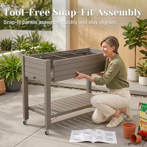 Outdoor Patio Raised Garden Bed Elevated Planter Box Resin Plant Stand Gardening with Storage Shelf Legs Wheels Drainage Water Gauge Light Brown - Image 4