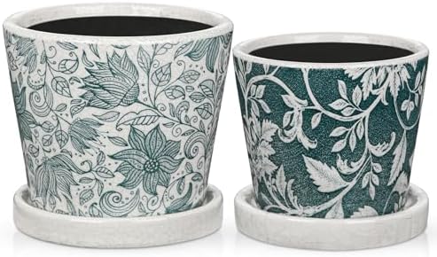 Set of 2 Ceramic Blue and White Plant Pots with Drainage Hole and Saucers, Vintage Farmhouse Accent Planters for Indoor Plants, Round Flower Pots Rustic Succulent Pot Terracotta Tubs 5.7/4.7 Inch by DILATATA