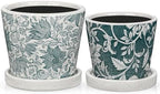 Set of 2 Ceramic Blue and White Plant Pots with Drainage Hole and Saucers, Vintage Farmhouse Accent Planters for Indoor Plants, Round Flower Pots Rustic Succulent Pot Terracotta Tubs 5.7/4.7 Inch by DILATATA