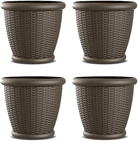 Suncast 4 Pack Wicker Planter w/ Drillable Drain Holes, Decorative Indoor/Outdoor Pot, 18in, Java by Suncast
