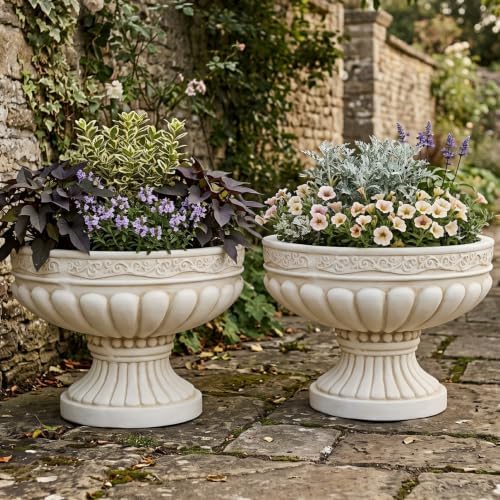 Christopher Knight Home Lina 15.94" H Classical Urn Planters Set of 2, MGO Outdoor Flower Pots, Weather-Resistant Outdoor Planters Set, Scroll & Fluted Pedestal Planter Pot, Antique White - Image 4
